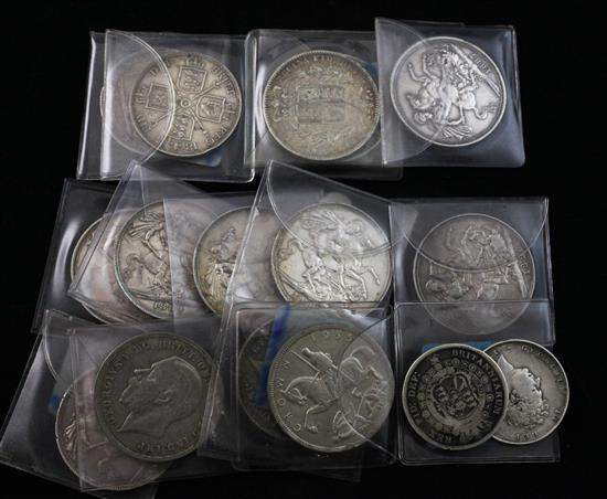 Thirteen crowns, two half crowns and a double-florin, George III to George V